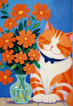 an orange and white cat sitting next to a vase filled with flowers