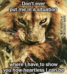 a lion with the words don't ever put me in a situation where i have to show you how heartless i can be