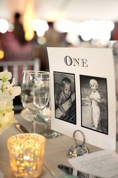 the table is set with two pictures and wine glasses