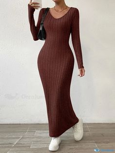 Orcajump - Ribbed Solid Dress, Casual Crew Neck Long Sleeve Maxi Dress, Women's Clothing Long Knitted Dress Outfit, Knitted Dress Outfit, Solid Dress Casual, Modest Fits, Long Knitted Dress, Fashion Goals, Sleeve Maxi Dress, Long Sleeve Maxi, Solid Dress