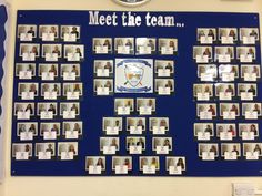 a blue and white board with pictures on it that says meet the team in many different languages