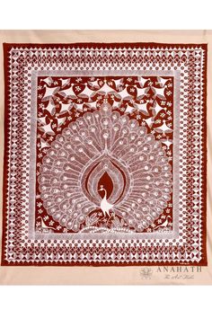 a red and white peacock on a brown background with an intricate design in the middle