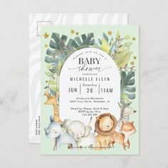 a baby shower with jungle animals and leaves on the front, in pink and white