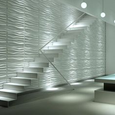 a white room with some stairs and lights