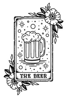 a black and white drawing of a beer mug with the words the beer on it