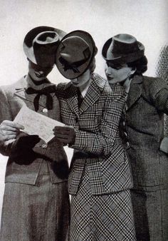 This image shows vintage suits for women. Schiap created pieces such as suits for the everyday woman. Schiap used her creativity to advance women through clothing and through the contribution of the feminist movement by giving women the opportunity to become socially equal with men along the lines of fashion. Women Wearing Hats, Women In Hats, 40s Suit, 1940s Hats, Tweed Hat, Three Women