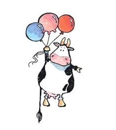 a cow holding balloons in its mouth