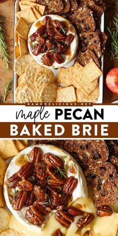 Serve this easy Christmas appetizer for a party! Wonderfully sweet, crunchy, and nutty, this Maple Pecan Baked Brie
 is so delicious. Everyone will love this brie cheese recipe as an easy Thanksgiving appetizer, too! Maple Pecan Baked Brie, Snowflake Baked Brie, Recipe Using Brie Cheese, Easy Thanksgiving Appetizer, Pecan Brie, Baked Brie With Jam, Brie Cheese Recipes, Pecan Baked Brie, Baked Brie Appetizer