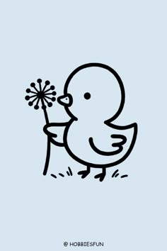 a black and white drawing of a duck holding a flower