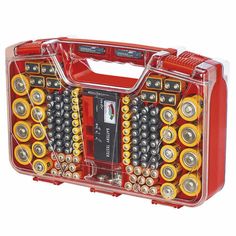 a red case filled with lots of batteries