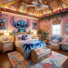 a bedroom decorated in pink and blue with lil the little mermaid themed decor on the ceiling