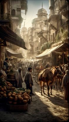 a group of people walking down a street next to animals and produce stands in the middle of an old city