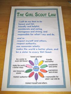 the girl scout law is displayed on a table