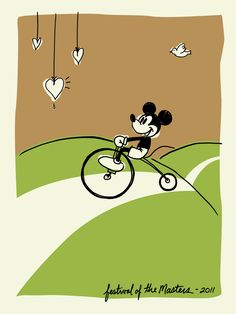 a cartoon mickey mouse riding a bike on a hill with hearts hanging from the sky