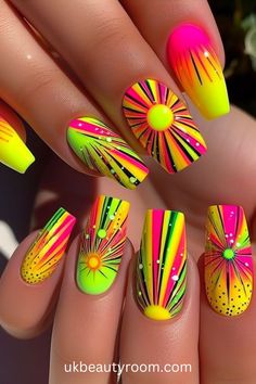 Bright nails are colorful and eye-catching, perfect for adding a pop of excitement to any look.  They are also a great choice for summer!  This post contains 39 ideas for bright nails, including: simple, cute, inspo, classy, elegant, fun, funky, edgy, neon, ideas, art, summer, designs, acrylic, short, for spring, almond. Hot Nail Designs Summer, Crazy Bright Nails, Fun Blue Nails Designs, Hot Color Nails, Holiday Nail Designs Summer, Bright Colour Nails, Fun Spring Nail Art, Funky Nails Inspo Summer, Fabulous Nails Summer