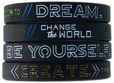 PRICES MAY VARY. Set of 4 silicone wristbands with inspirational quotes and motivational sayings; Standard adult unisex size of 8" around fits most adult wrist sizes, including men, women, and teens DREAM: "Once a day allow yourself the freedom to dream." (Albert Einstein) CHANGE THE WORLD: "Be the change that you wish to see in the world." (Mahatma Gandhi) BE YOURSELF: "Be yourself. Everyone else is already taken." (Oscar Wilde) CREATE: "The best way to predict the future is to create it." (Abr Famous Inspirational Quotes, Motivational Jewelry, Motivational Sayings, Rubber Bracelets, Jewelry Words, Wristband Bracelet, Silicone Bracelets, Positive Messages, Mahatma Gandhi