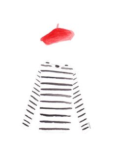 a drawing of a red apple on top of a white shirt with black and gray stripes