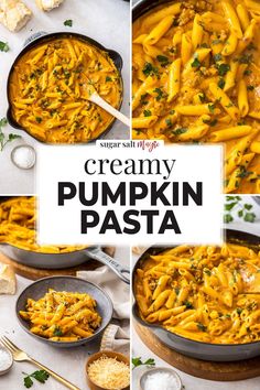 creamy pumpkin pasta in a skillet with cheese and parmesan on the side