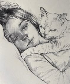 a drawing of a woman sleeping with a cat on her shoulder and head resting on the pillow