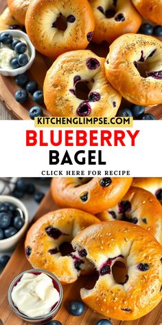 blueberry bagel with cream cheese is on a wooden cutting board next to some berries