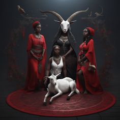 three women and a goat are standing in front of a black background with red accents