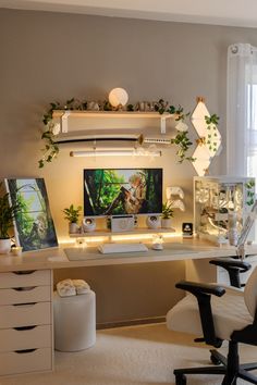 a home office with white furniture and plants on the shelves