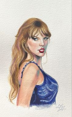 a watercolor painting of a woman with long blonde hair and blue eyeshadow