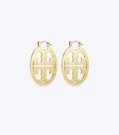 Small Miller Hoop Earring: Women's Designer Earrings | Tory Burch Luxury Jewelry With Metal Logo, Modern Hoop Earrings With Gold-tone Hardware, Classic Tan Jewelry, Lug Boots, Tory Burch Earrings, Clover Earrings, Camel Color, Pearl Drop Earrings, Pearl Drop