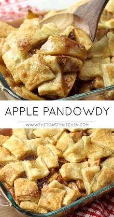 an apple pie in a glass baking dish with a wooden spoon on top and the words apple panowady above it