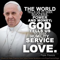 pope benedict with quote about power and money in front of black background that reads the world tells us to seek success, power, and money