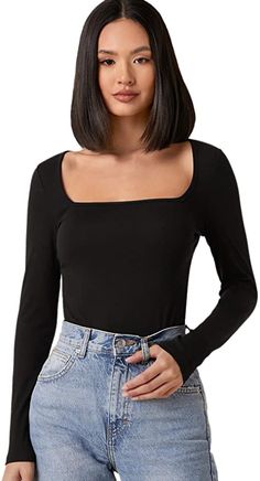 Black Tops With Jeans, Full Sleeve Summer Outfits, Full Sleeve Crop Top Outfits, Full Tops For Women, Black Long Sleeves Outfit, Square Neck Black Top, Full Sleeve Top Outfits, Crop T Shirts For Women, Long Sleeve Black Top Outfit