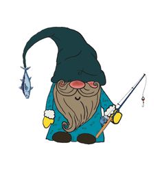 an image of a gnome with a fish on the hook and fishing rod in his hand