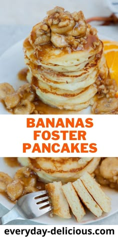 banana fosterer pancakes are stacked on top of each other with bananas and orange slices