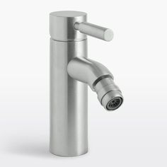 a stainless steel faucet on a white background