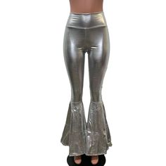 "*We are currently running a few days behind with orders. Thank you for your understanding and patience. **Due to SO MANY issues with USPS - we STRONGLY ENCOURAGE you to purchase the UPS Upgrade with your order located here: https://www.etsy.com/listing/926751536/ups-upgrade Made of shiny silver metallic spandex - these high-waisted bell bottoms will fit you perfectly. They hug your hips and flare out at the feet. The standard inseam is 34\" (the mannequin is 5'8\") but can be customized by putt Metallic Flare Bottoms For Night Out, High Waist Pants For Spring Concerts, Retro Flare Bottoms For Party, Retro Bottoms For Night Out In Spring, Stretch High Waist Pants For Concert, High Waist Stretch Pants For Concert, Retro Bottoms For Spring Night Out, Metallic Disco Bottoms For Spring, Retro Spring Bottoms For Night Out