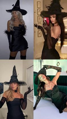 four different pictures of women dressed up in witches costumes and hats, one is holding a cell phone