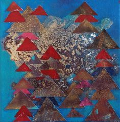 an abstract painting with red, blue and gold triangles