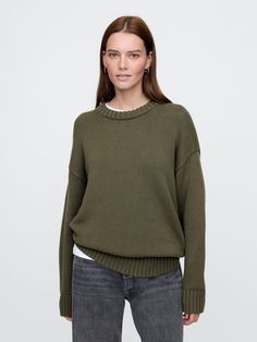 Oversized Boyfriend Sweater | Gap Green Knit Sweater, Boyfriend Sweater, Olive Green Sweater, Buy List, Fall 24, Brand Collaboration, Autumn 2024, Fall Sweaters, Winter 2024