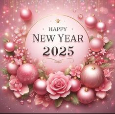 a happy new year card with pink ornaments and flowers on it's border, in the middle of a circular frame