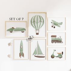 a set of 7 framed pictures with different types of vehicles and planes on them, all in various shapes and sizes