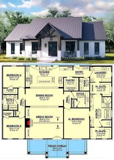 the floor plan for this ranch house is very large and has two master suites on each side