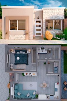 two views of the same house from above and below, each with its own living area