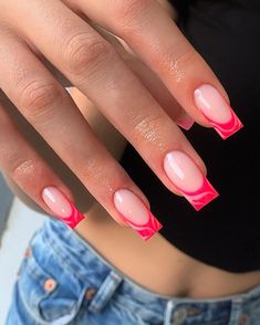 Short Acrylic French nails Classy Short Acrylics, Acrylic Nails Ideas Coffin Summer, Vacation Nails Tapered Square, Colored Square French Tip Nails, Vacation French Nails, Summer French Tips Square, Summery Nails 2024 Square, Summer Nails Square Pink, Square Summer Acrylic Nails