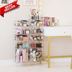 a desk with a chair and a shelf filled with makeup, hair products and other items