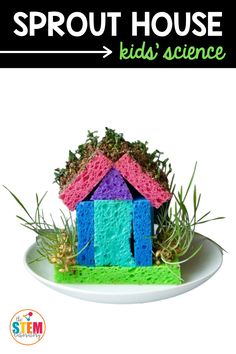 a small house made out of crochet and grass on a plate with the words sprout house kids'science