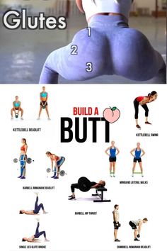 an image of a woman doing exercises with the words build butts on her back