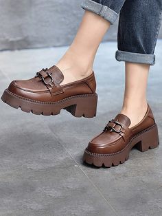 Vintage Black&Brown Solid Color Loafers Platform Shoes – painevida Platforms Outfit, Brown Solid Color, Loafers Platform, Platform Shoes Heels, Look Formal, Oxford Heels, Shoe Fits, Mary Jane Heels