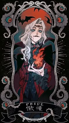 a drawing of a woman with white hair and black dress holding a red flame in her hand