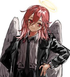 an anime character with red hair and angel wings