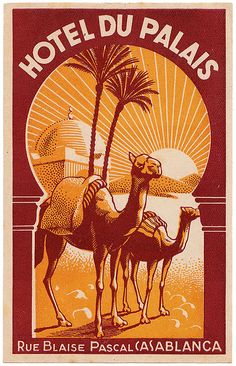 an orange and red poster with two camels in front of a palm tree on the beach